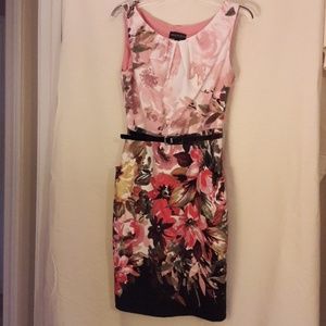 Pink Floral Dress with Front Pockets and Belt